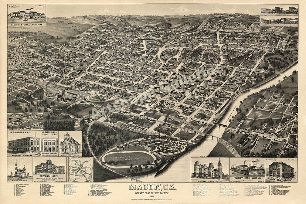 Bird's Eye View 1887 Macon GA Old City Map 20x30 eBay