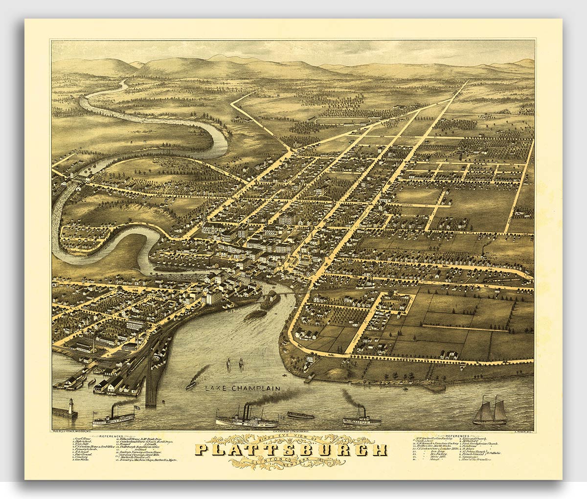 1877 Plattsburgh New York Vintage Old Panoramic NY City Map 16x20 eBay