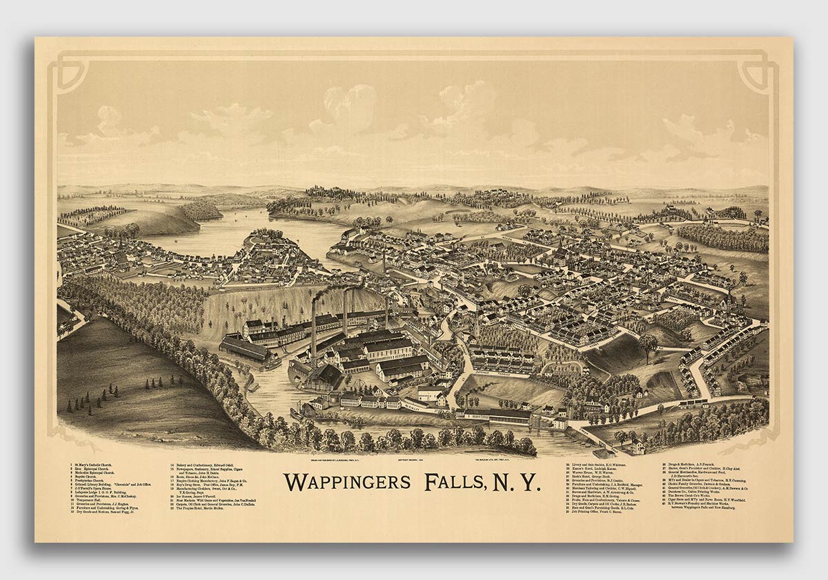 1889 Wappingers Falls New York Vintage Old Panoramic NY City Map