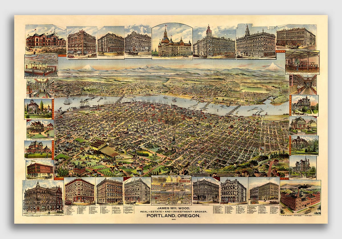 1884 The Dalles Oregon Vintage Old Panoramic City Map 16x24