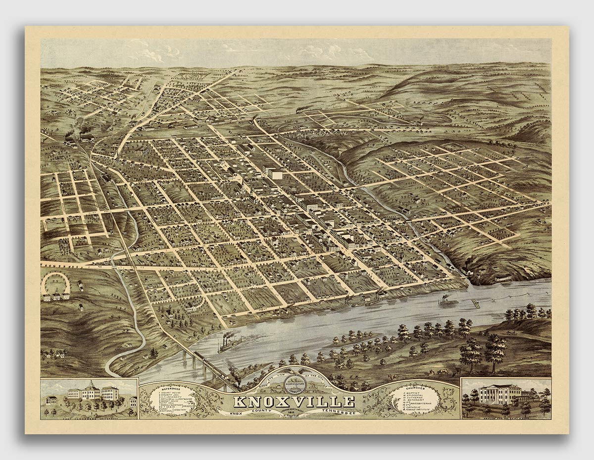 20x28 Bird/'s Eye View 1886 Knoxville TN Vintage Style City Map