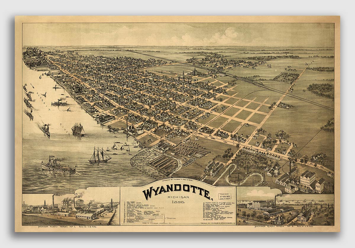 24x36 Bird/'s Eye View 1897 Marquette MI Vintage Style City Map
