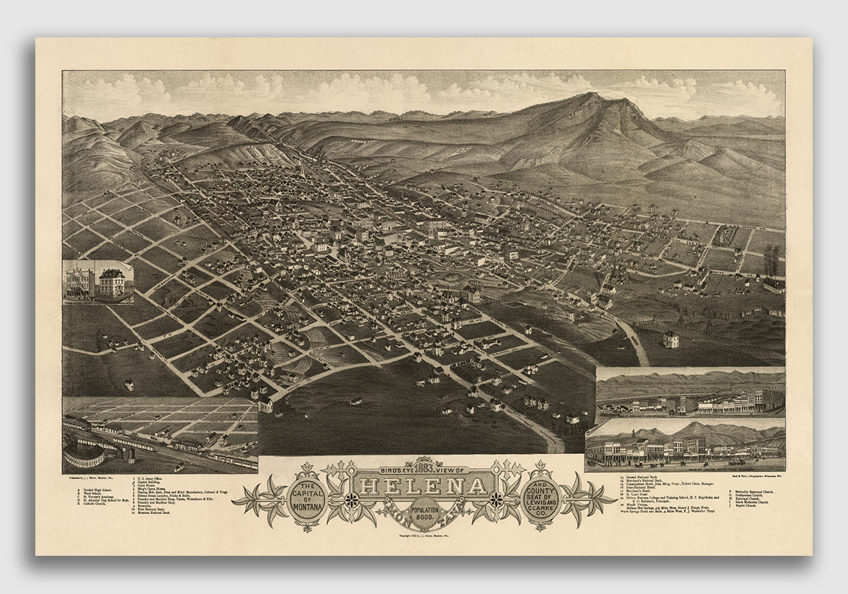 24x36 Vintage Reproduction Historic Map Helena Montana 1890 Lewis Clarke