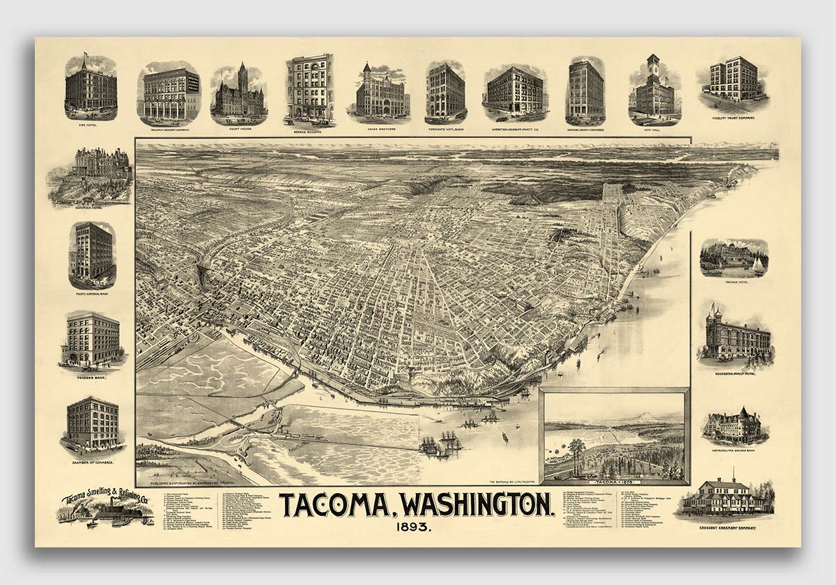 Tacoma Wa 1893 Historic Panoramic Town Map 16x24 Art Posters 5884seihan Art