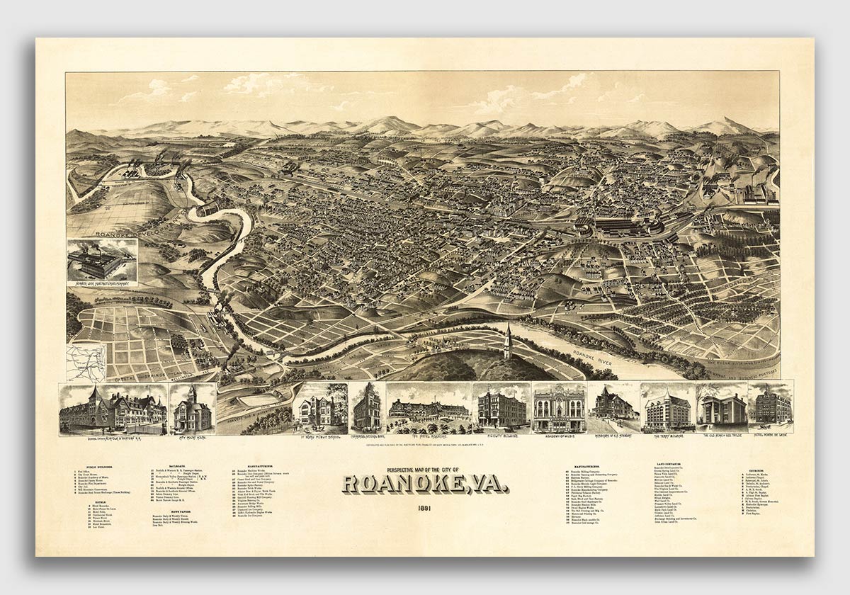 16x24 1891 Roanoke Virginia Vintage Old Panoramic City Map Art Posters ...