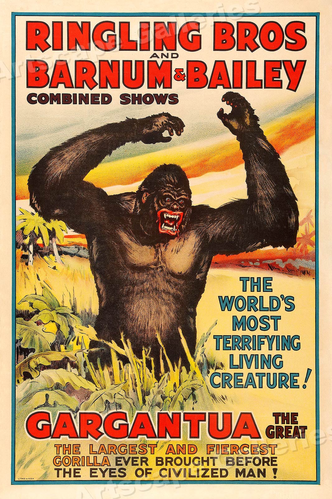 1930s Ringling and Barnum & Bailey Terrifying Gorilla Circus Poster