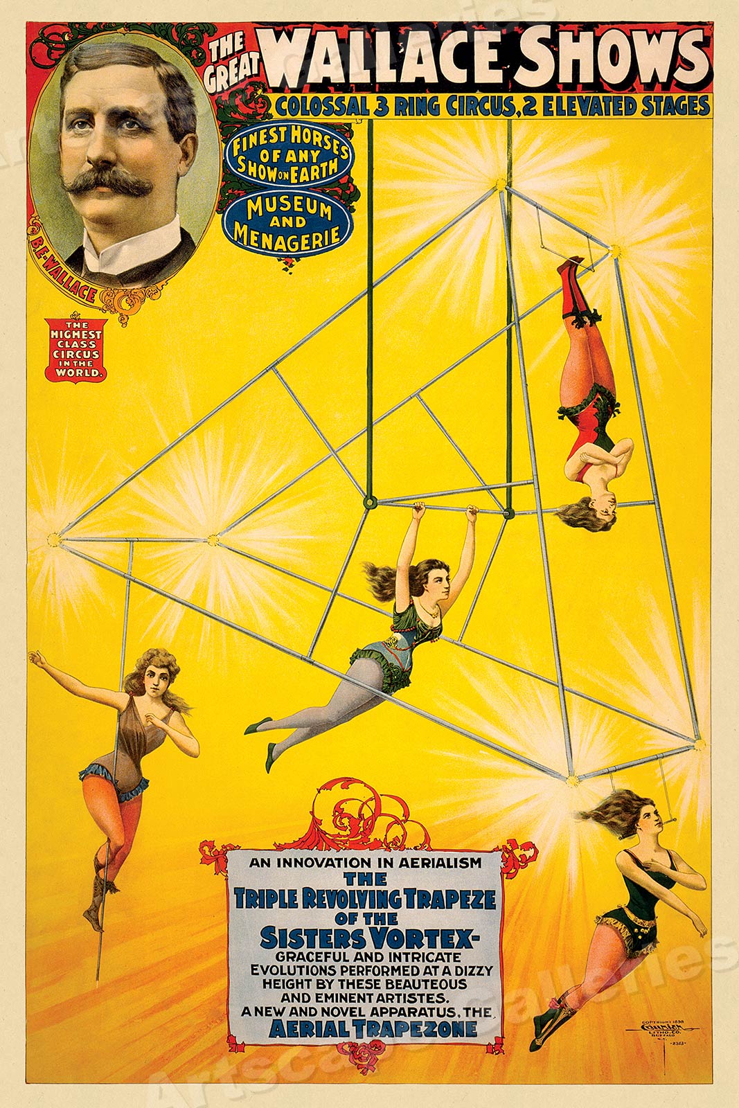 circusページ 1890s Wallace Show Triple Revolving Trapeze Circus Poster - 24x36