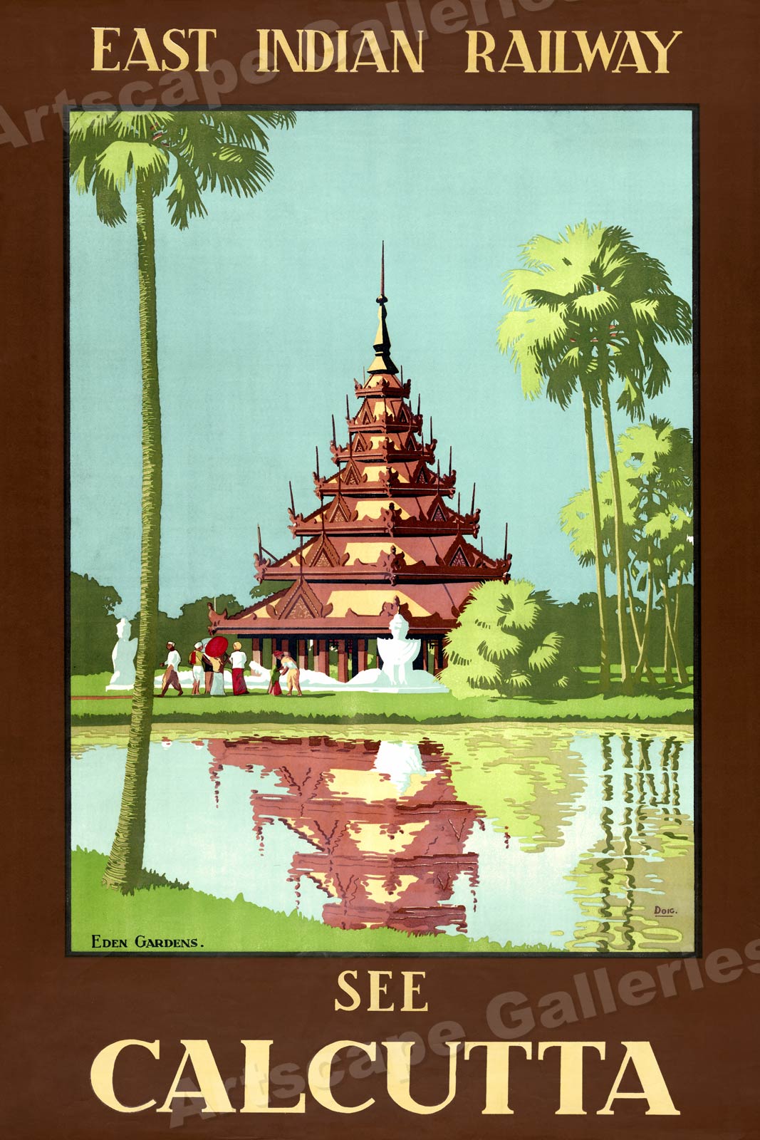 1930s See Calcutta India Temple Vintage Style Railroad Travel Poster 20x30