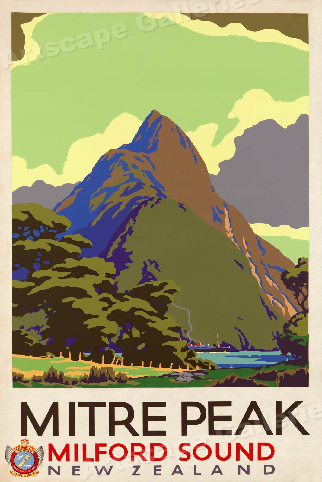 Art Milford Sound New Zealand 1935 Vintage Style Travel Poster 24x36