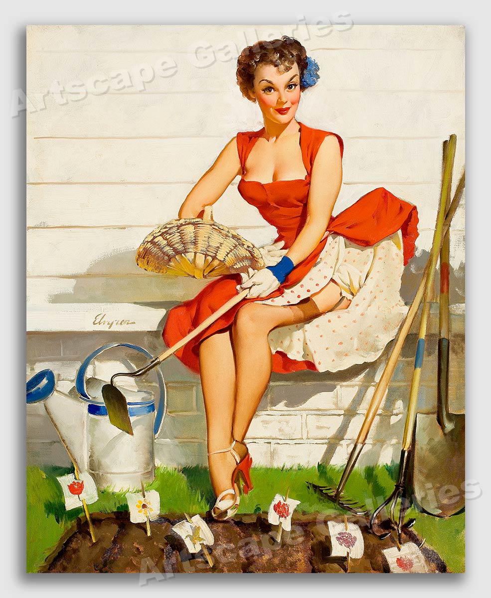 1950s Elvgren Brunette Pin Up Garden Poster Worth Cultivating