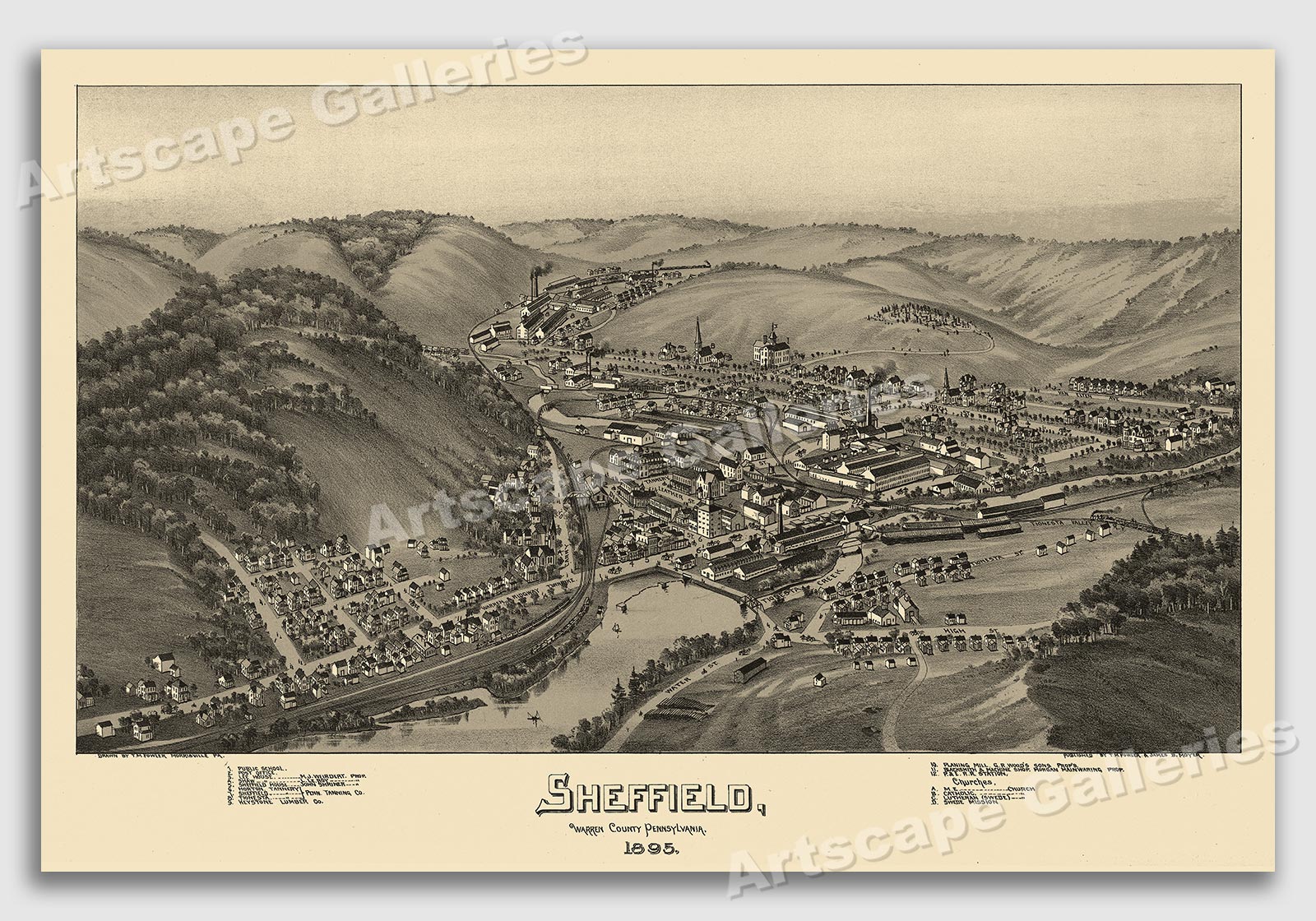 まぷページ 1895 Sheffield Pennsylvania Vintage Old Panoramic City Map - 24x36